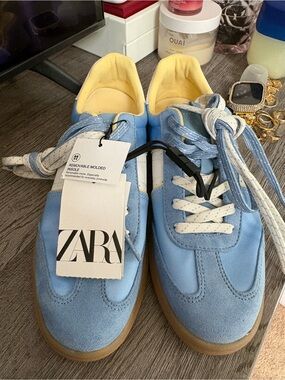 Zara Light Blue Suede Sneakers with Yellow Lining